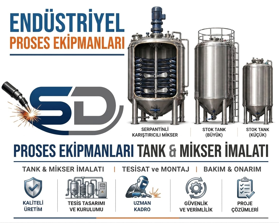 SD Proses endüstriyel ekipmanları: serpantinli karıştırıcılı mikser, büyük ve küçük stok tankları; tank ve mikser imalatı, tesisat, montaj, bakım ve onarım hizmetleri.